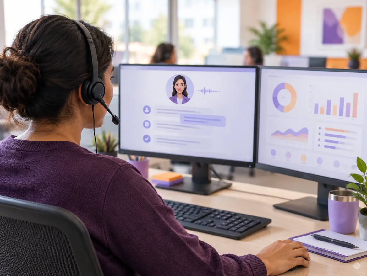 Patient account representative on a call guided by an AI assistant panel