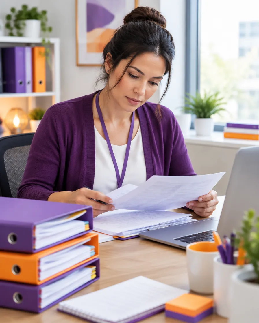 Medical billing specialist reviewing insurance claim paperwork at a desk