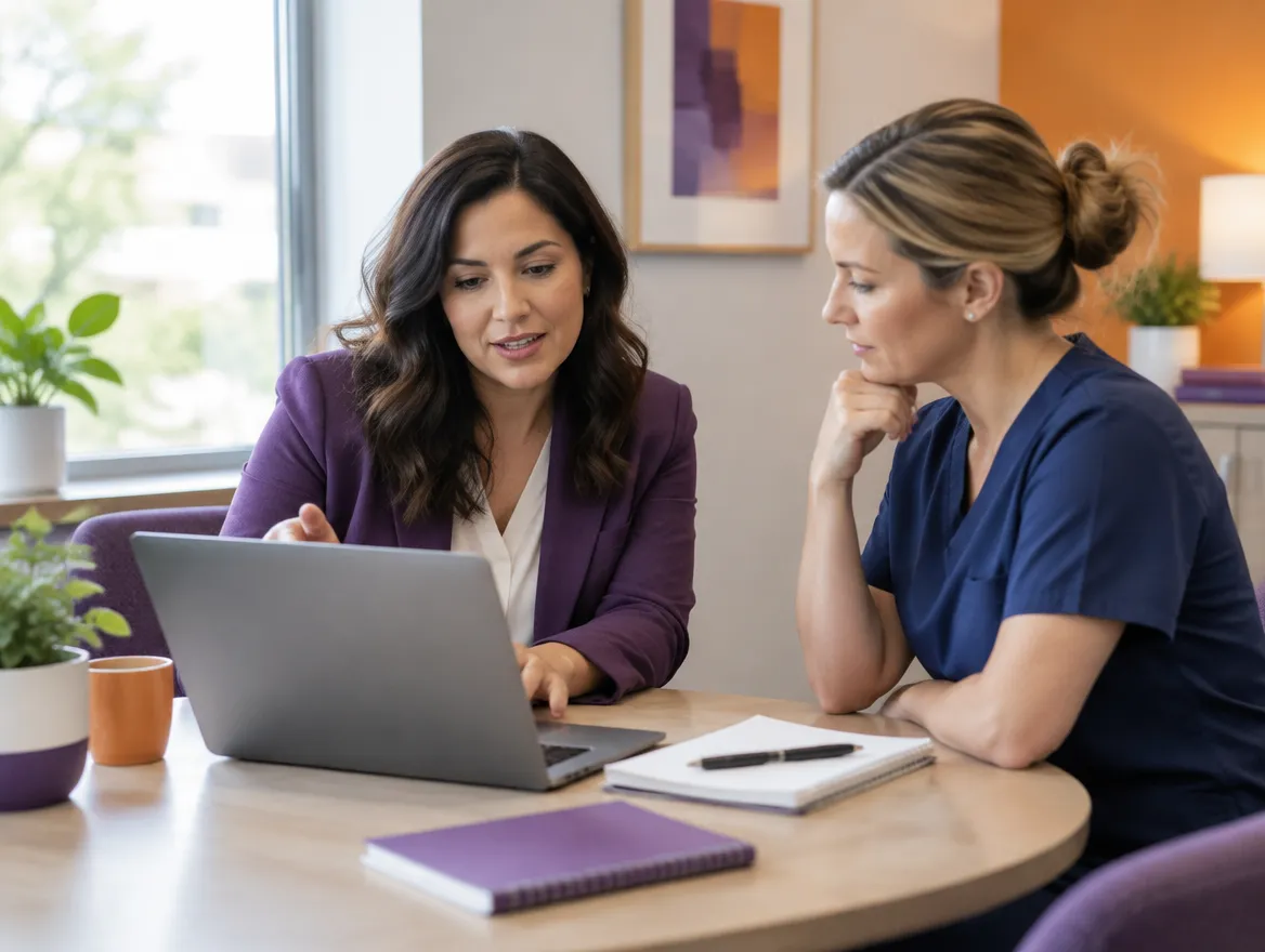 Healthcare outsourcing consultant reviewing a patient billing plan with a clinic practice manager