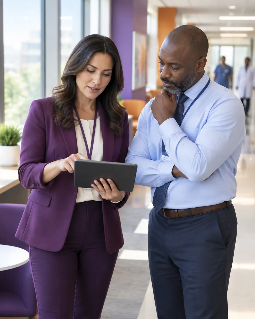 Revenue cycle manager reviewing AR performance with a colleague