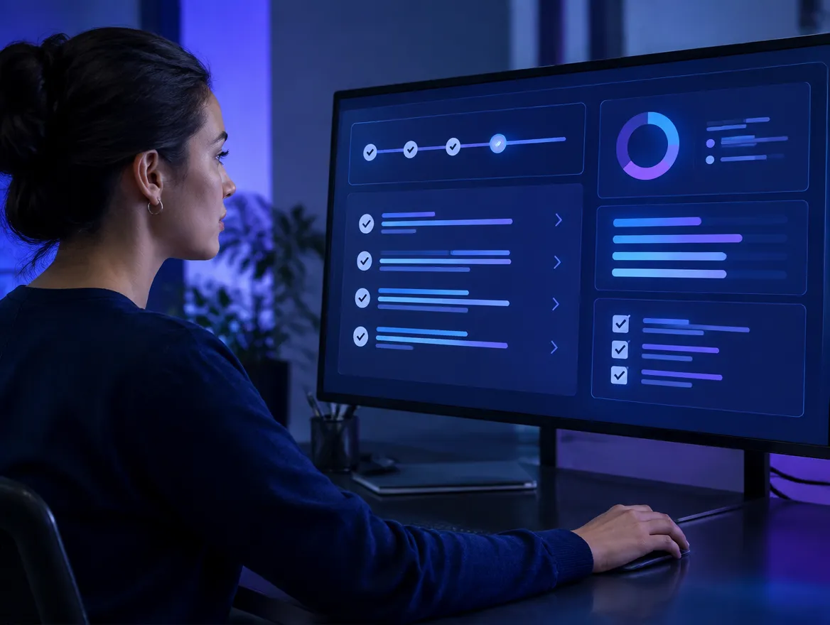 Onboarding specialist tracking customer milestones on an AI-assisted dashboard
