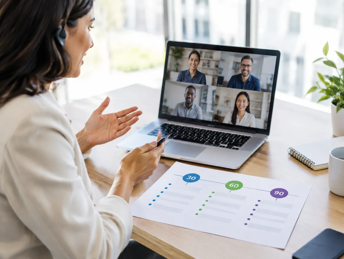Customer success lead planning a 30/60/90-day onboarding program on a video call