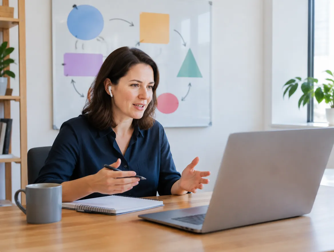 Client services manager planning an inbound support program on a video call