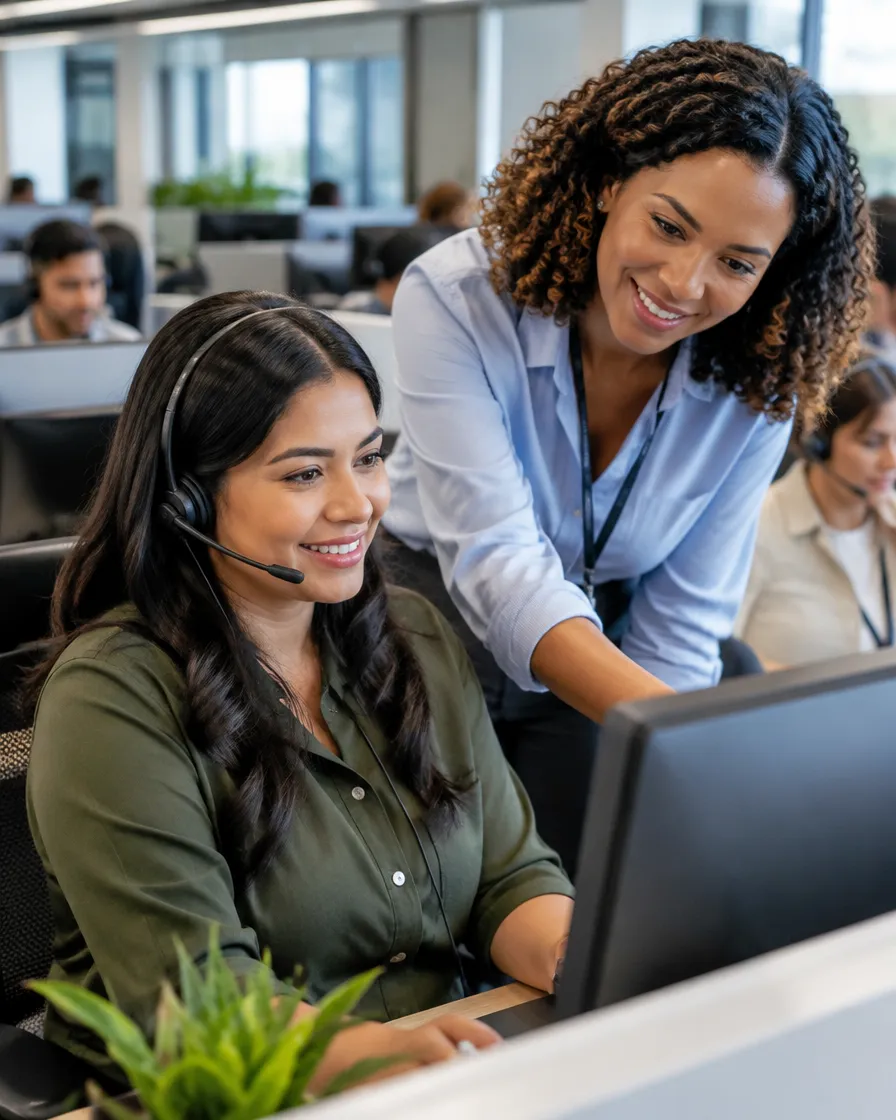 Supervisor coaching inbound agents on a busy contact center floor