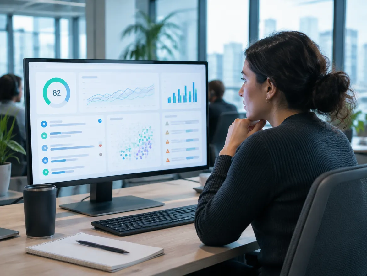 Chat team lead reviewing an AI quality dashboard that scores chat conversations