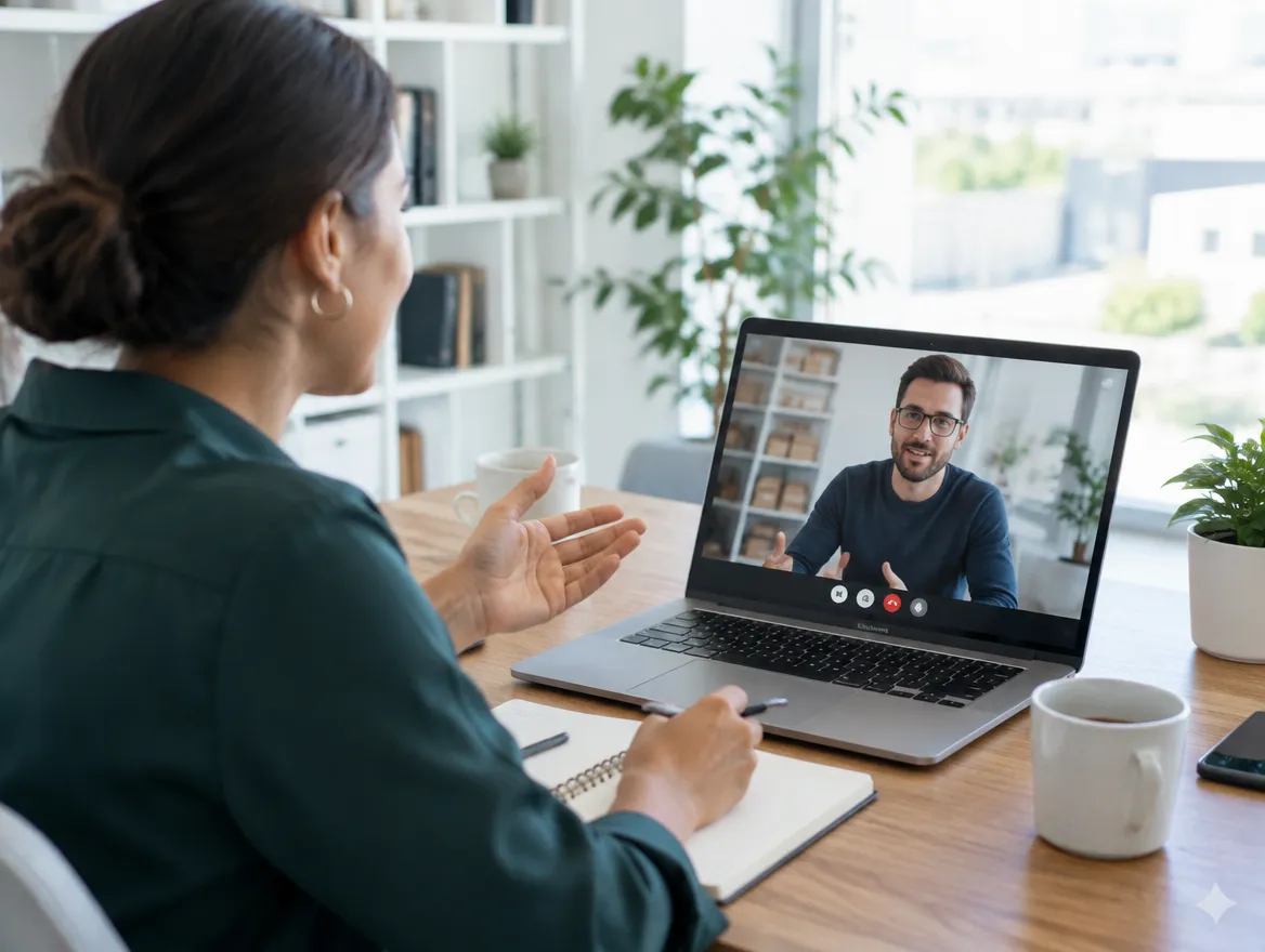 CX specialist on a video call planning a 24/7 live chat programme with a business owner