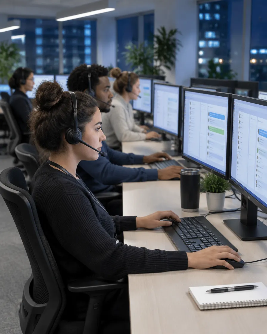 Live chat agents handling several conversations on dual monitors