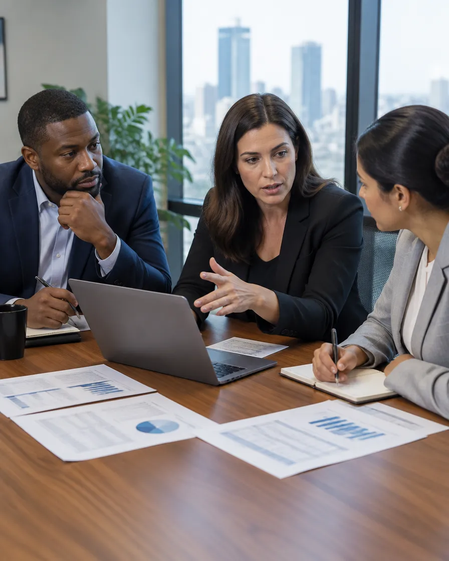 Loan collections team discussing a high-balance account strategy