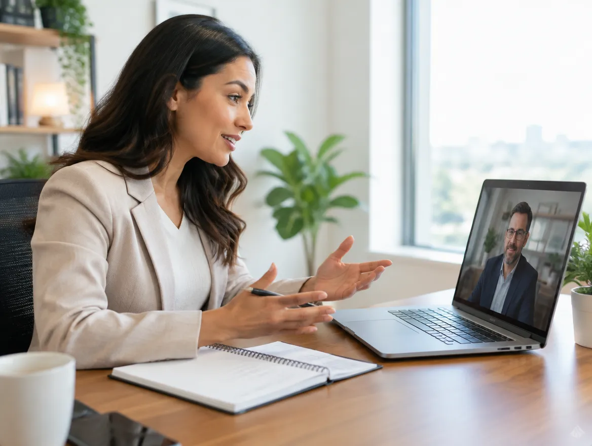 Loan collections consultant planning a recovery program with a lender on a video call