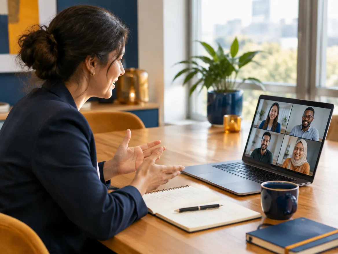 Client services manager planning a multilingual support program on a video call