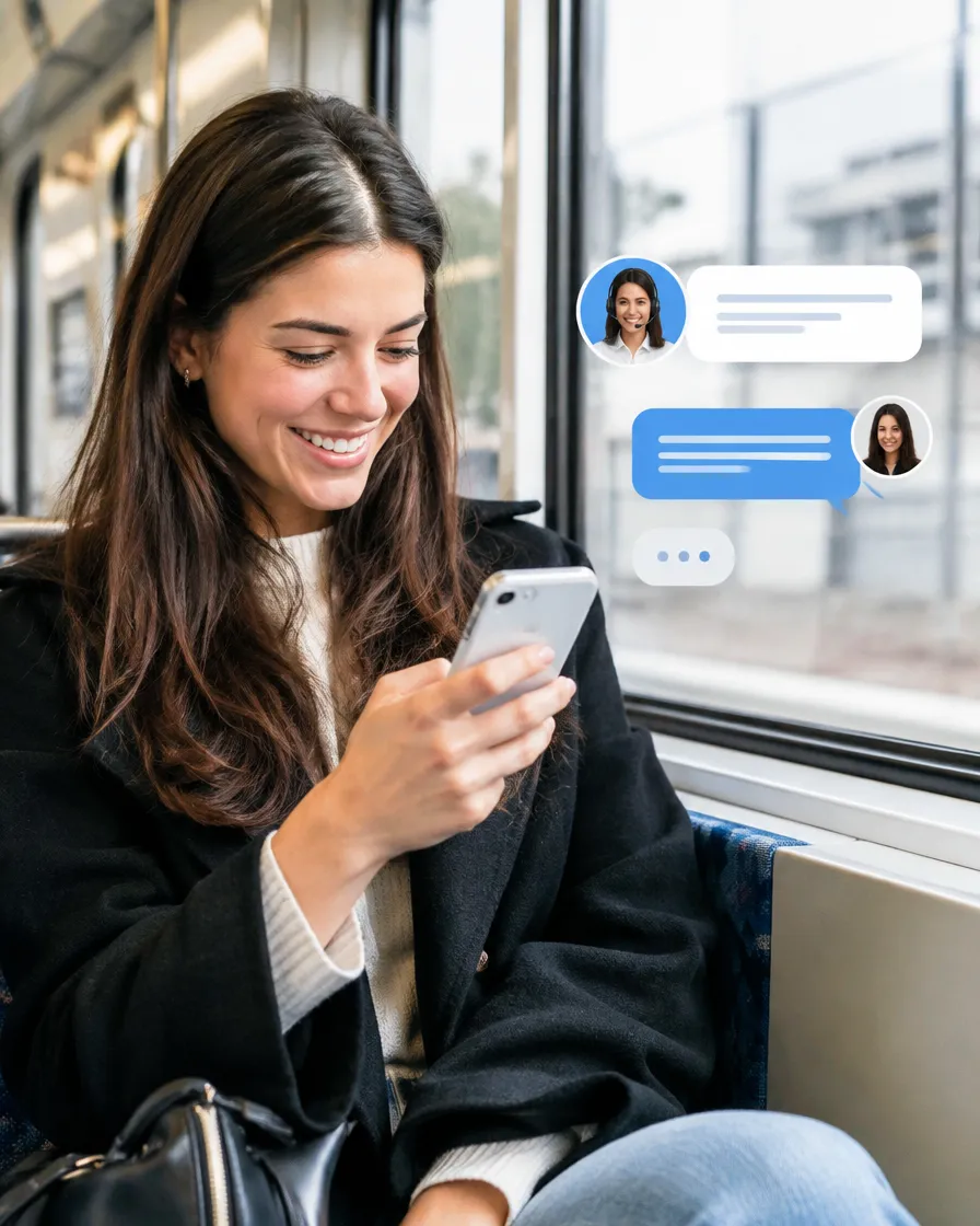Customer chatting with a brand on her phone during a commute