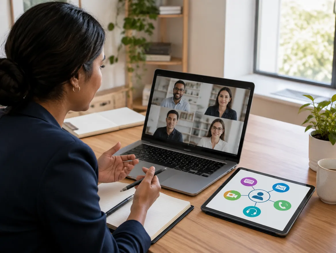 Client services manager planning a digital support program on a video call