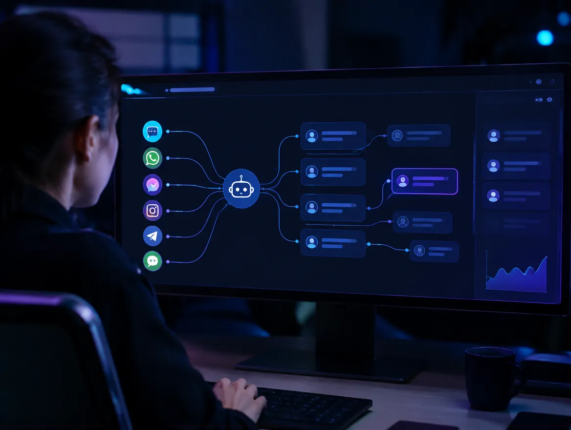 Agent collaborating with an AI chatbot dashboard across messaging channels