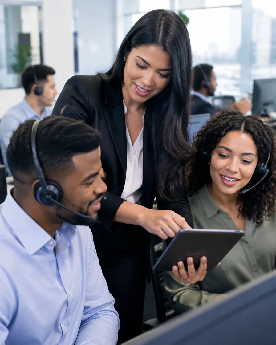 Outbound team lead reviewing campaign performance with agents