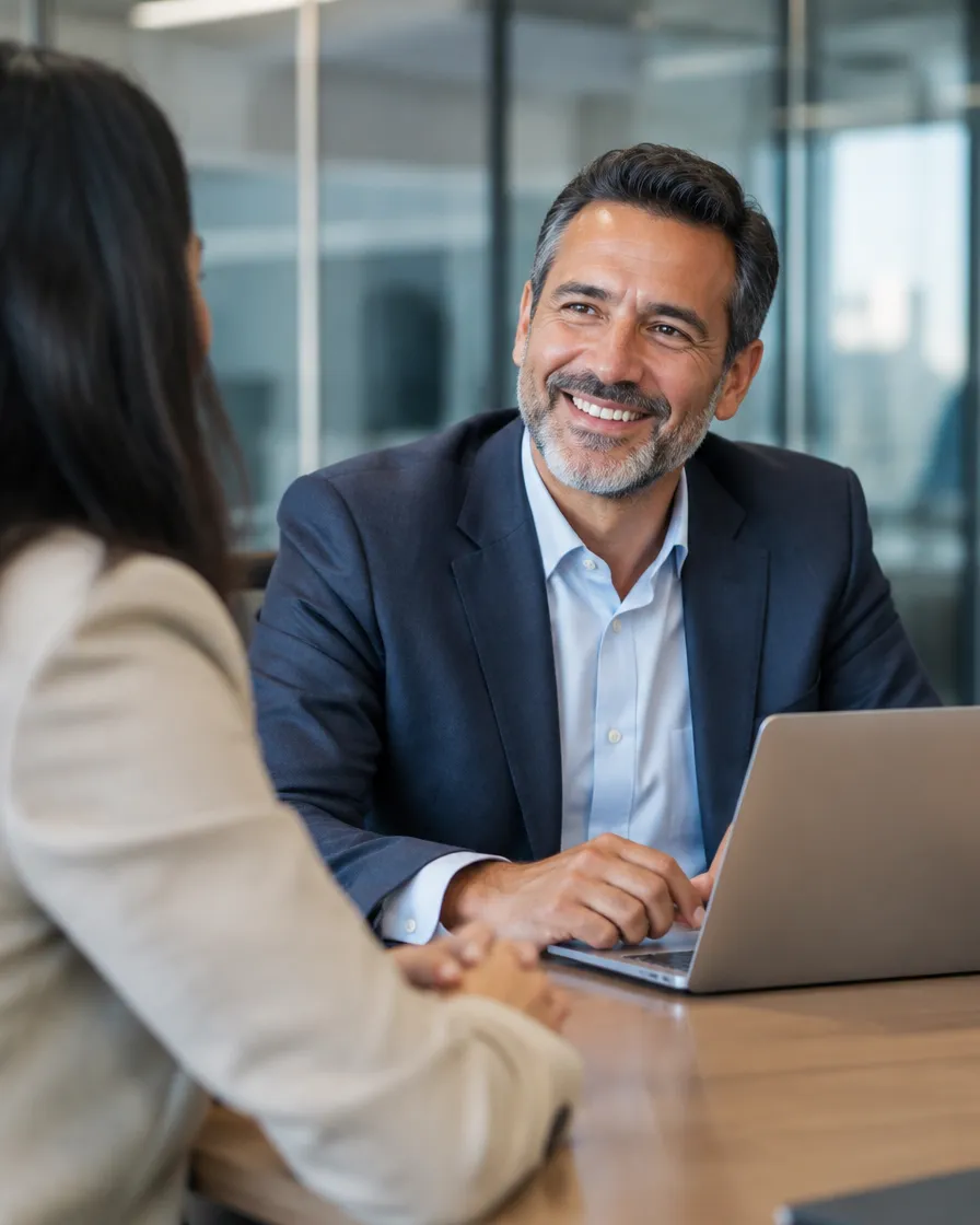 Satisfied enterprise client in a review meeting with a success manager