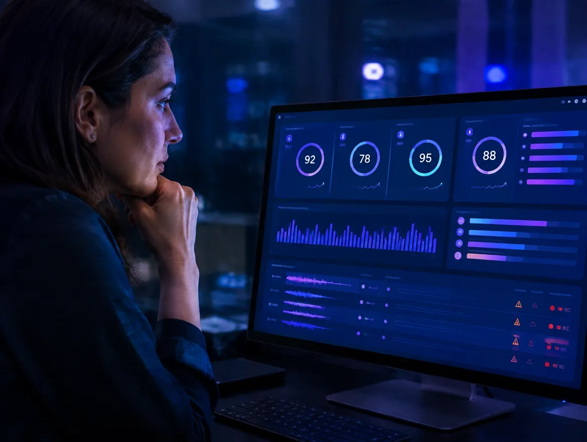 QA specialist reviewing AI-scored interactions on a quality dashboard