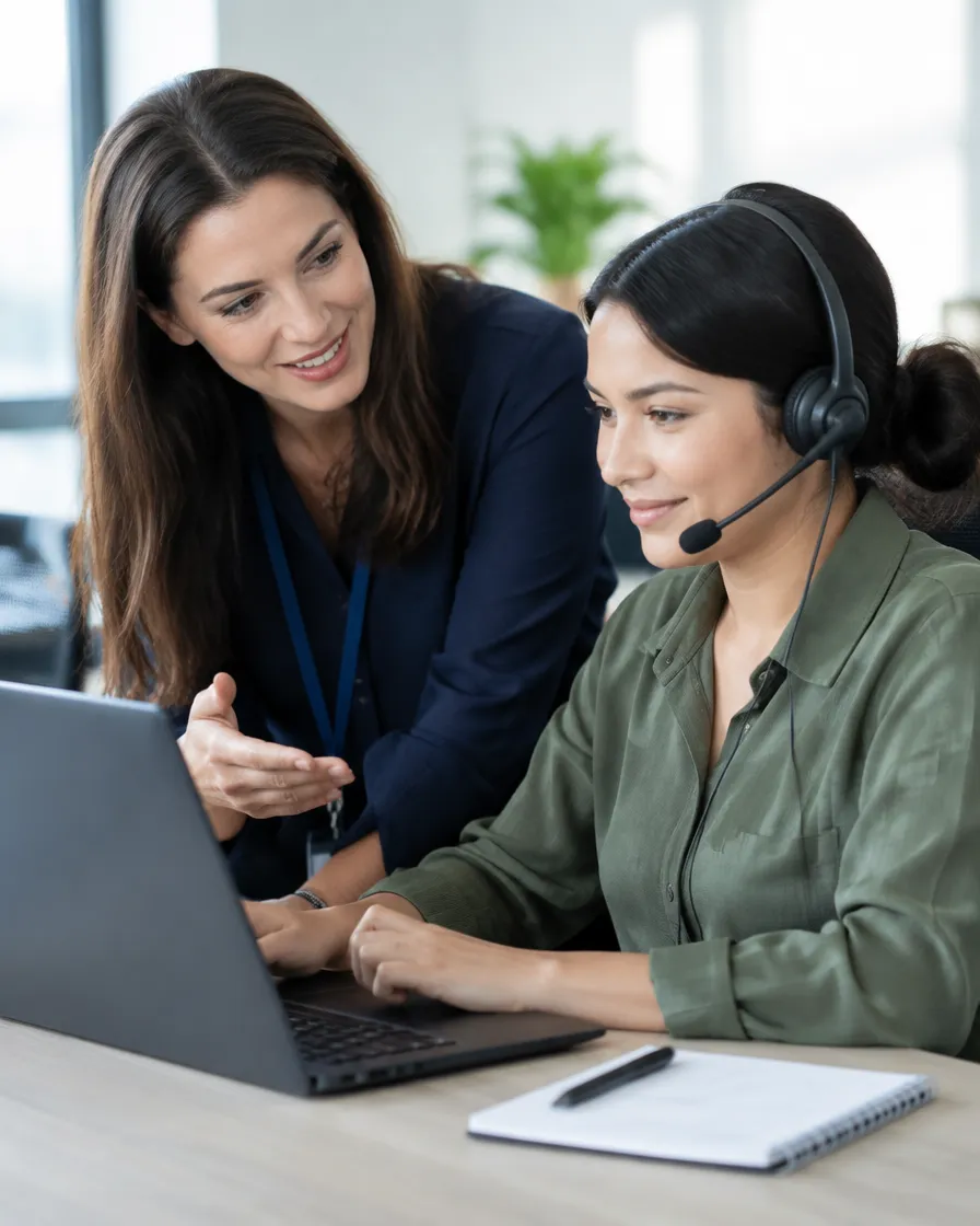 QA coach giving one-to-one feedback to a contact center agent