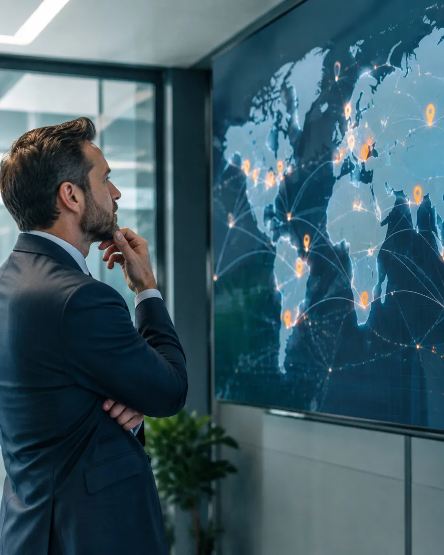 Operations leader reviewing a world map of delivery locations