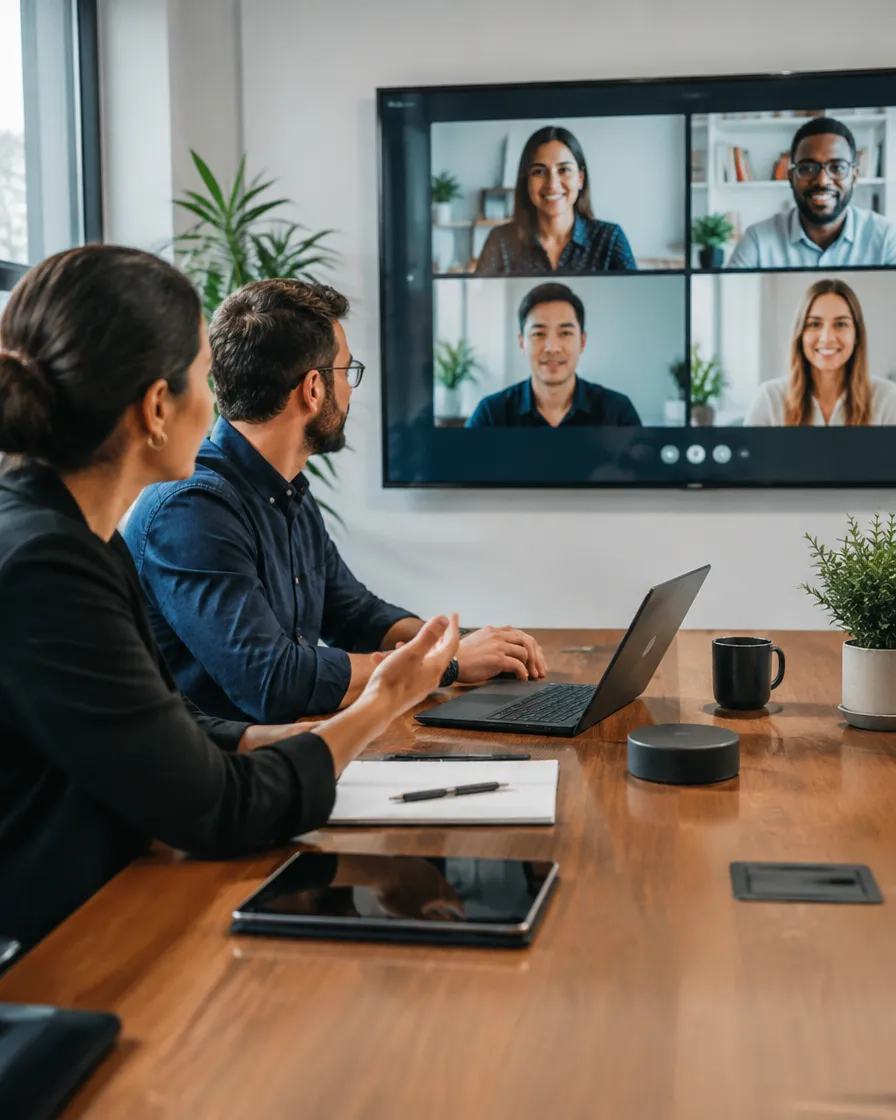 Program managers from different regions collaborating on a video wall