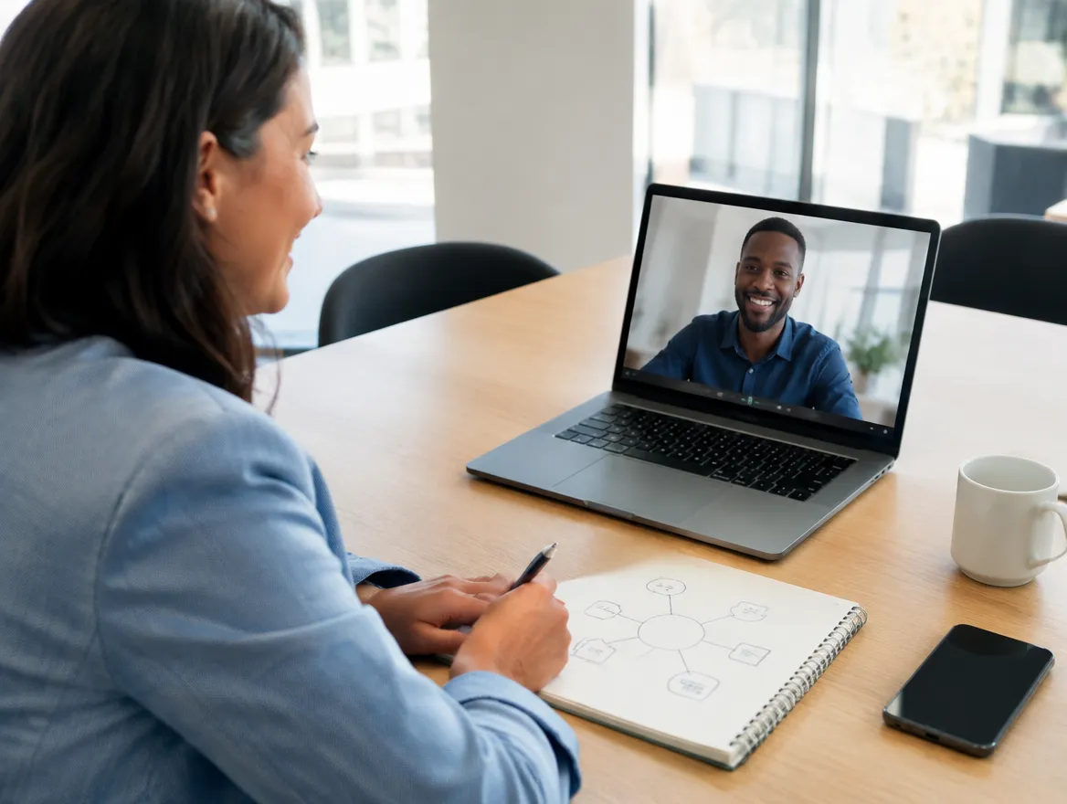 Client solutions manager discussing a customer experience program on a video call