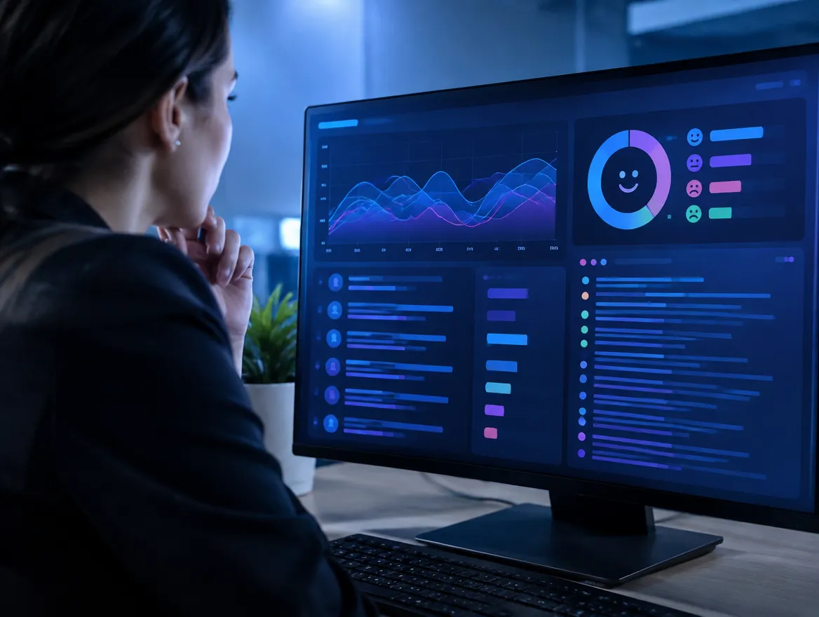 Social care agent reviewing AI sentiment insights across social channels