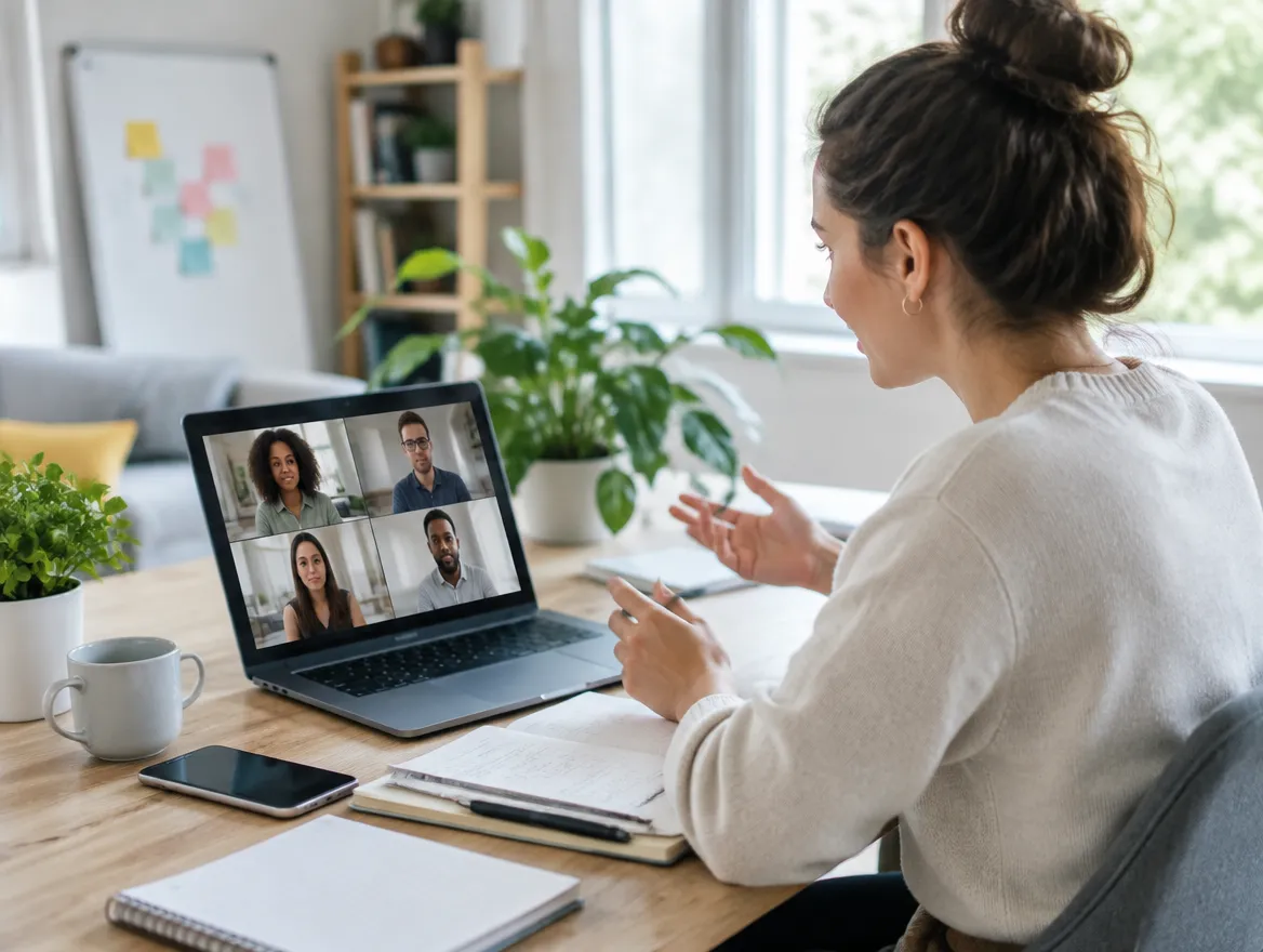 Social media manager planning a social care program on a video call