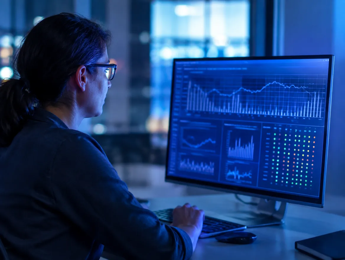 Utility billing analyst reviewing meter data and exceptions on screen