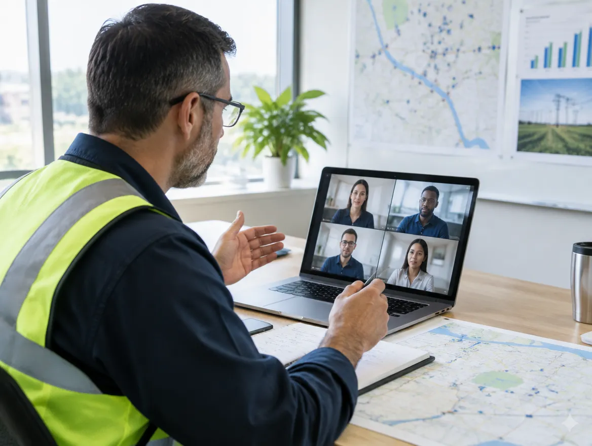 Utility operations manager planning a spot billing program on a video call