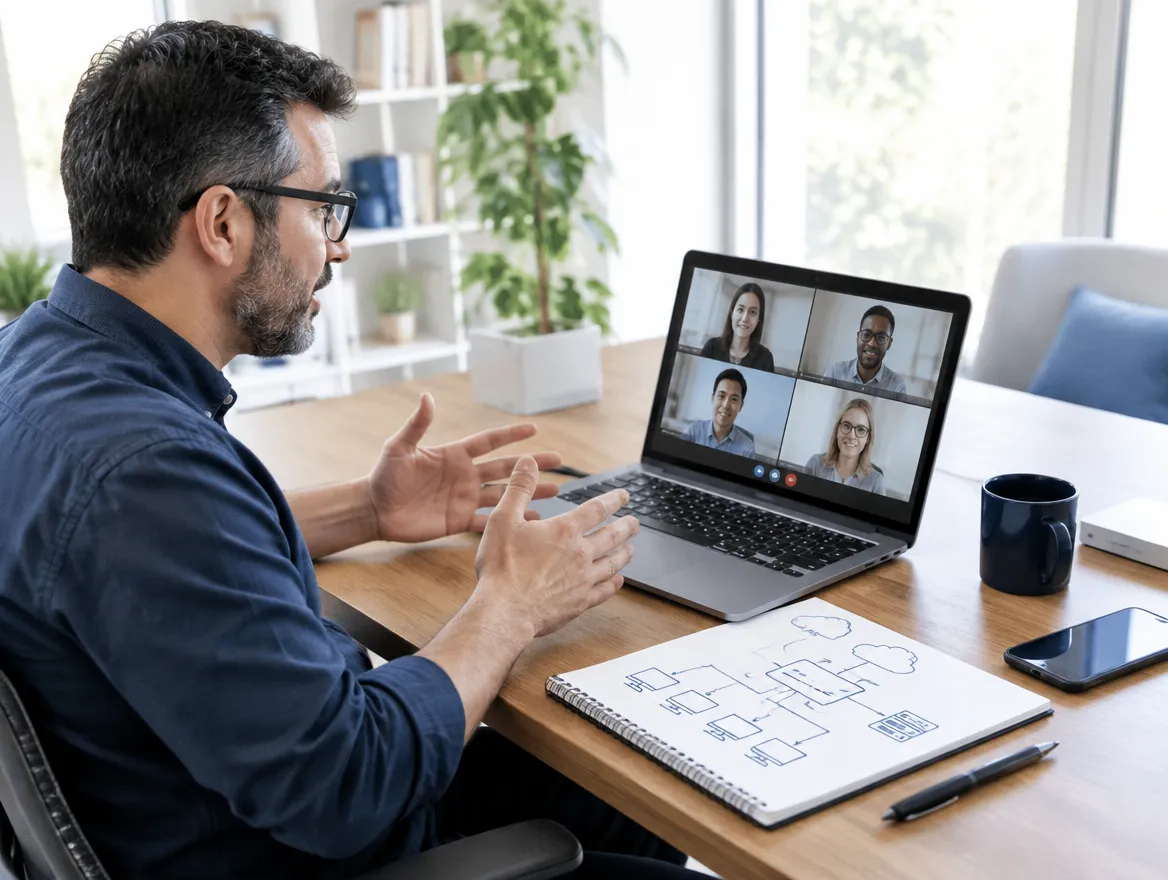 IT services manager planning a help desk outsourcing program on a video call