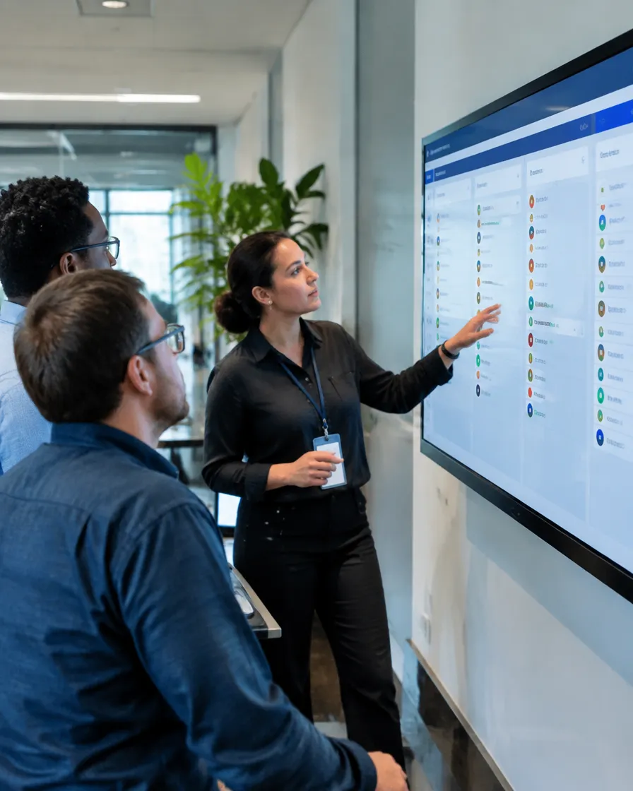 Help desk lead reviewing ticket queues with support engineers