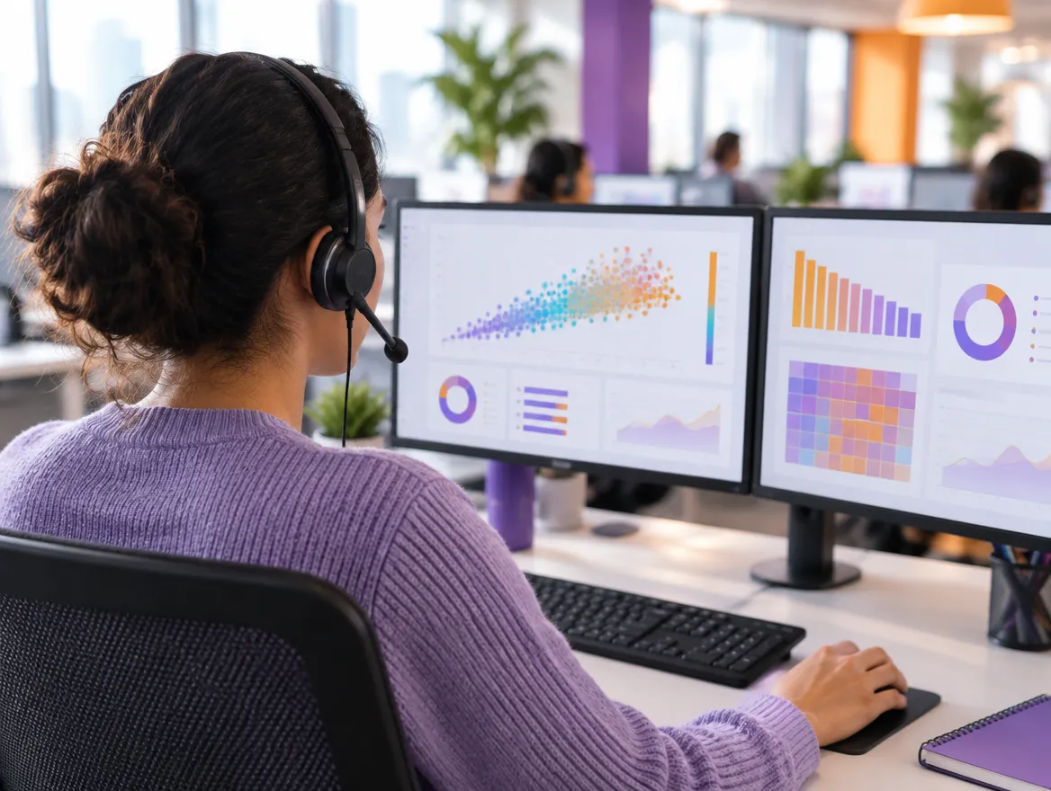 Telecom collections agent viewing propensity-to-pay analytics on dual monitors