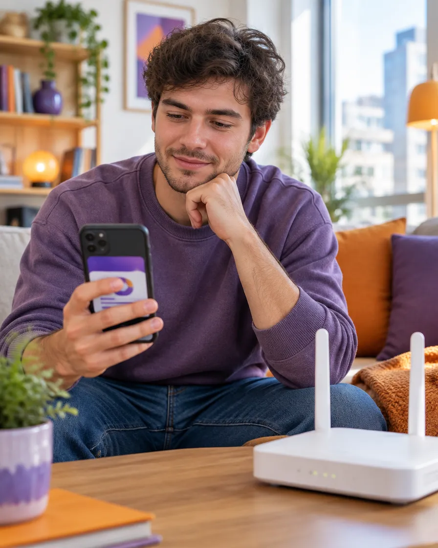 Customer at home checking a mobile plan bill next to an internet router