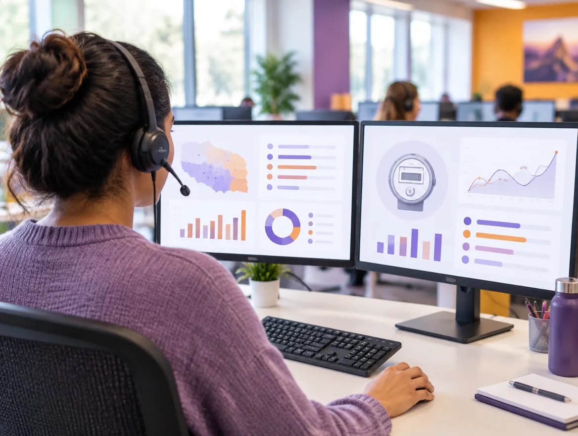 Utility collections agent reviewing predictive outreach priorities on dual monitors