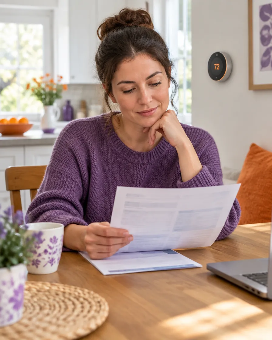Utility customer reviewing an energy bill at a kitchen table