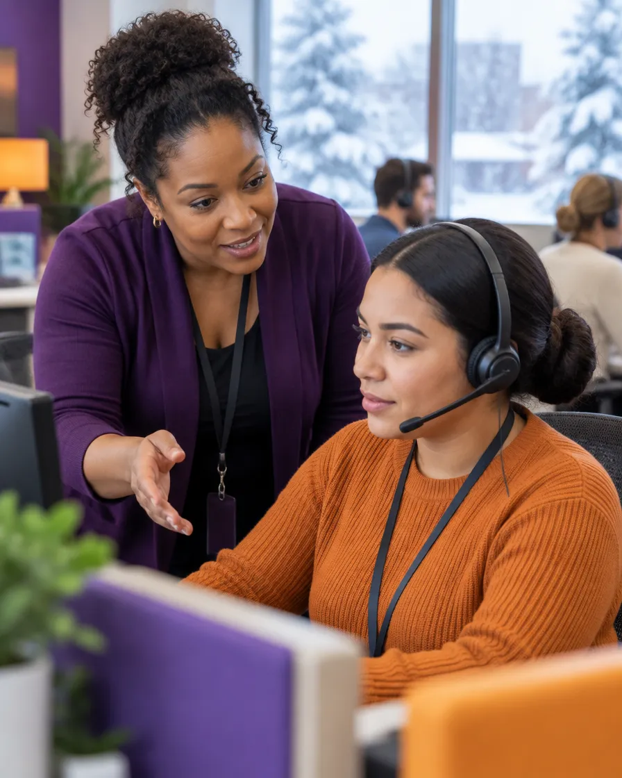 Utilities contact center supervisor coaching an agent during a winter peak