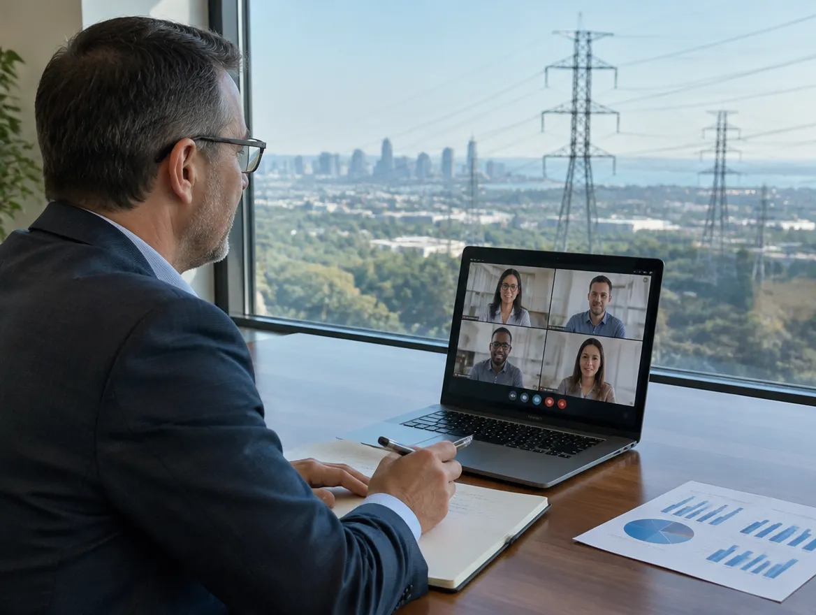 Utility executive planning a billing outsourcing program on a video call