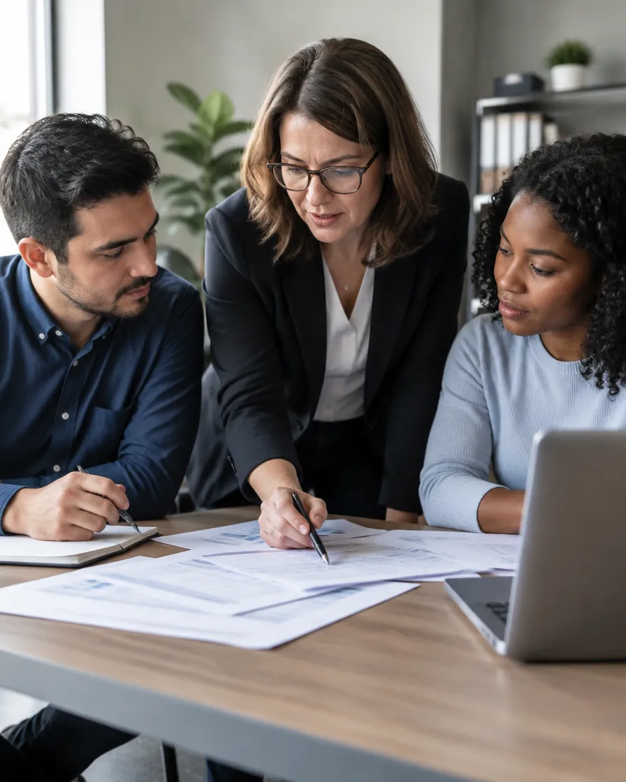 Utility billing team lead reviewing billing accuracy with specialists