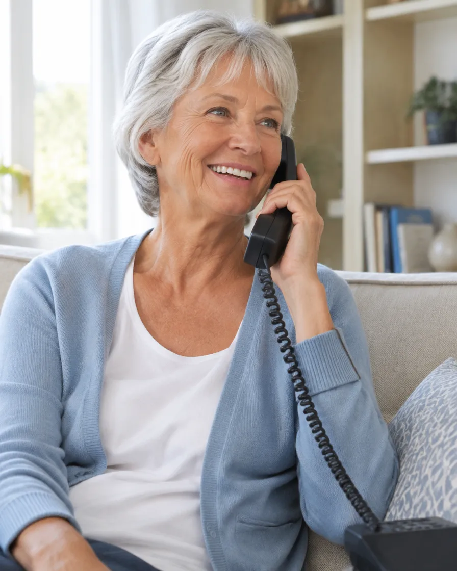 Customer smiling during a helpful phone conversation at home