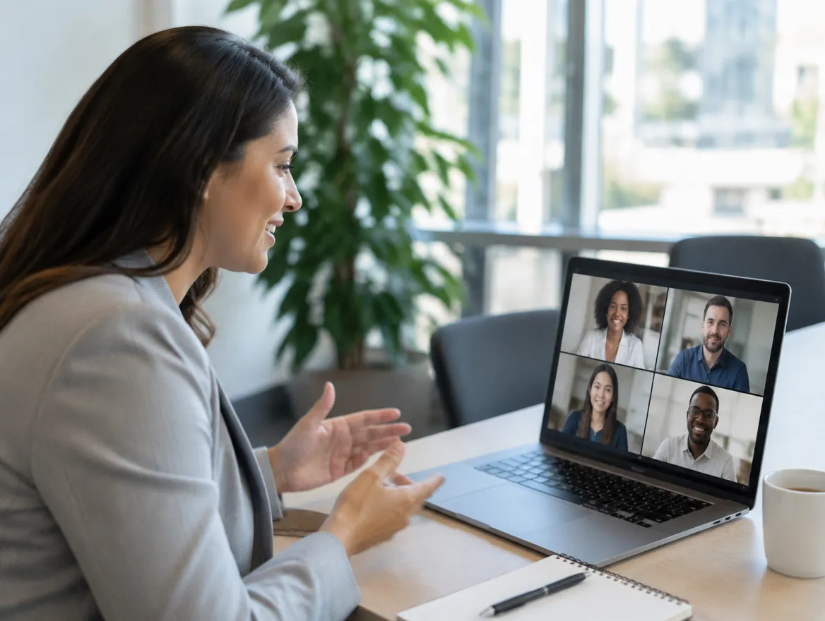 Client services manager planning a voice support program on a video call