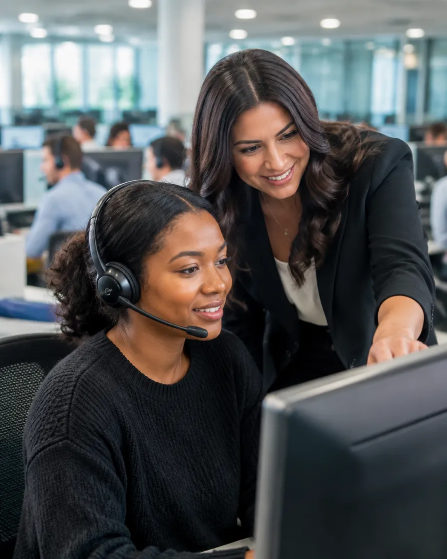 Team lead coaching voice agents on the contact center floor