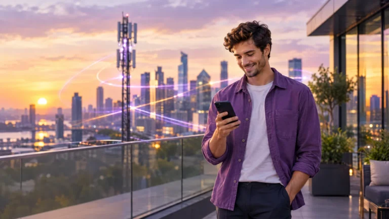 Professional using a smartphone on a city terrace at sunset with a 5G tower in the background