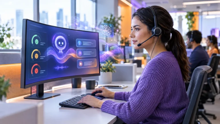 Contact center agent with a headset working alongside an AI assistant on her monitor