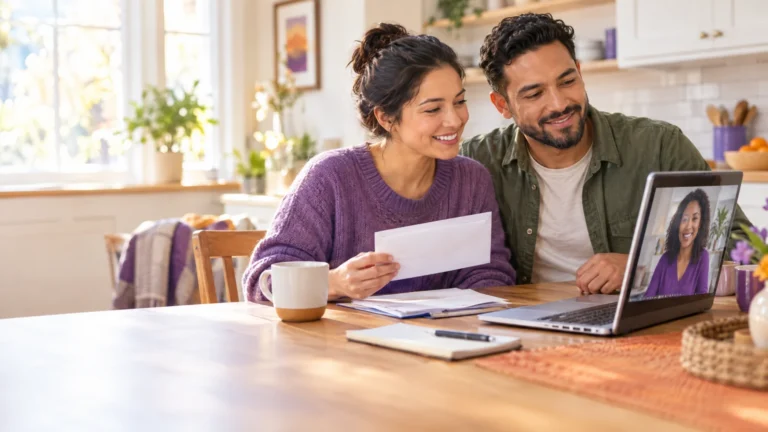 Couple reviewing a medical bill at their kitchen table with a support agent on a laptop video call