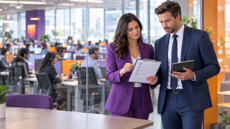 Two executives reviewing a vendor checklist in a glass meeting room overlooking a contact center floor