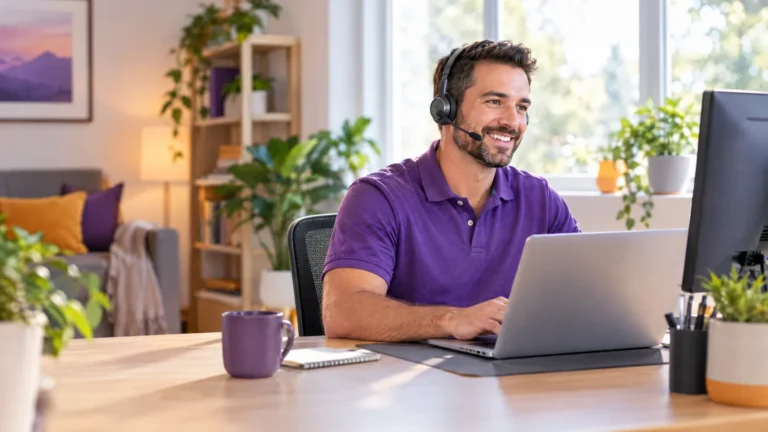 Customer service agent with a headset working from a bright home office