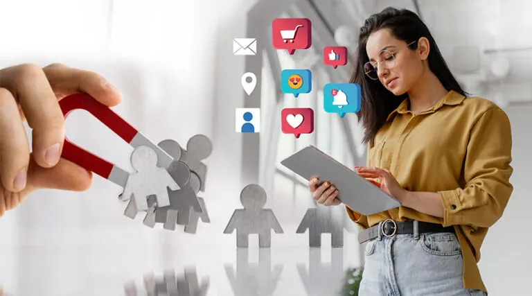Woman with a tablet as a magnet draws social media reactions and followers