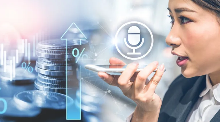 Woman speaking into her phone with voice and cost growth icons