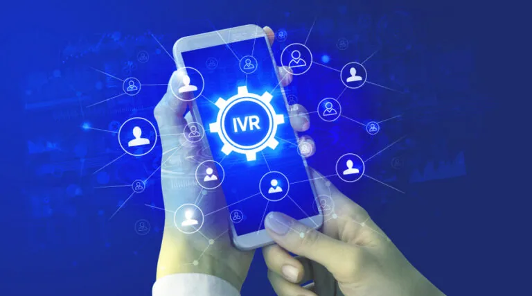 Hand holding a phone with an IVR menu icon and customer contact icons