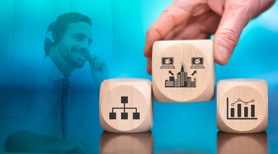 Hand arranging blocks with organization chart icons in front of an agent