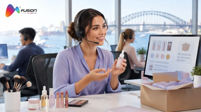 Beauty brand customer support specialist in Sydney helping a customer with cosmetics